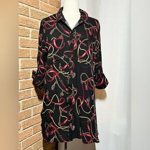 KC Khaki & Co chain link print black equestrian roll-tab sleeve shirt dress- L